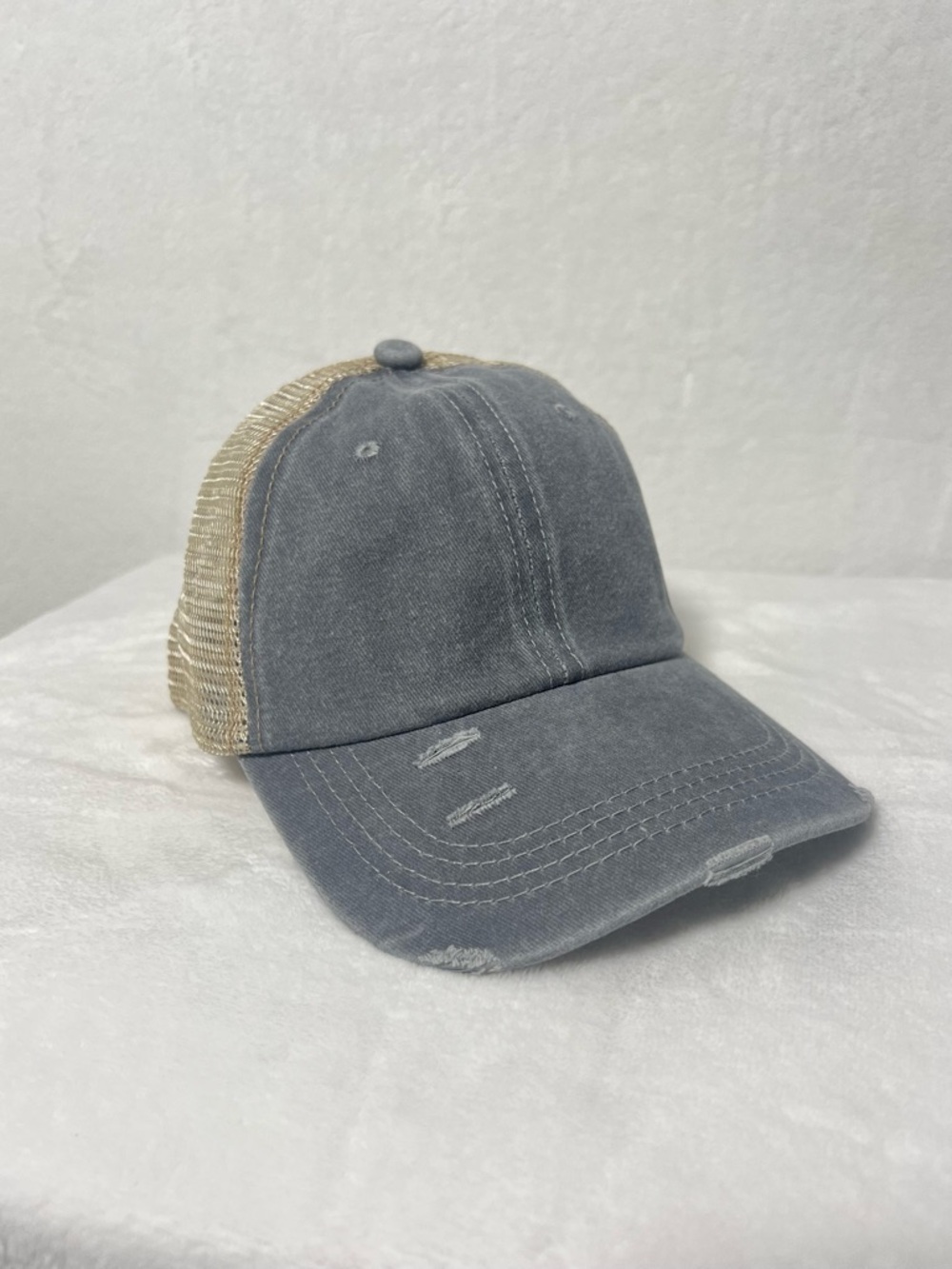 NWOT Distressed Gray Denim Baseball Cap Trucker Hat with Beige Mesh Back